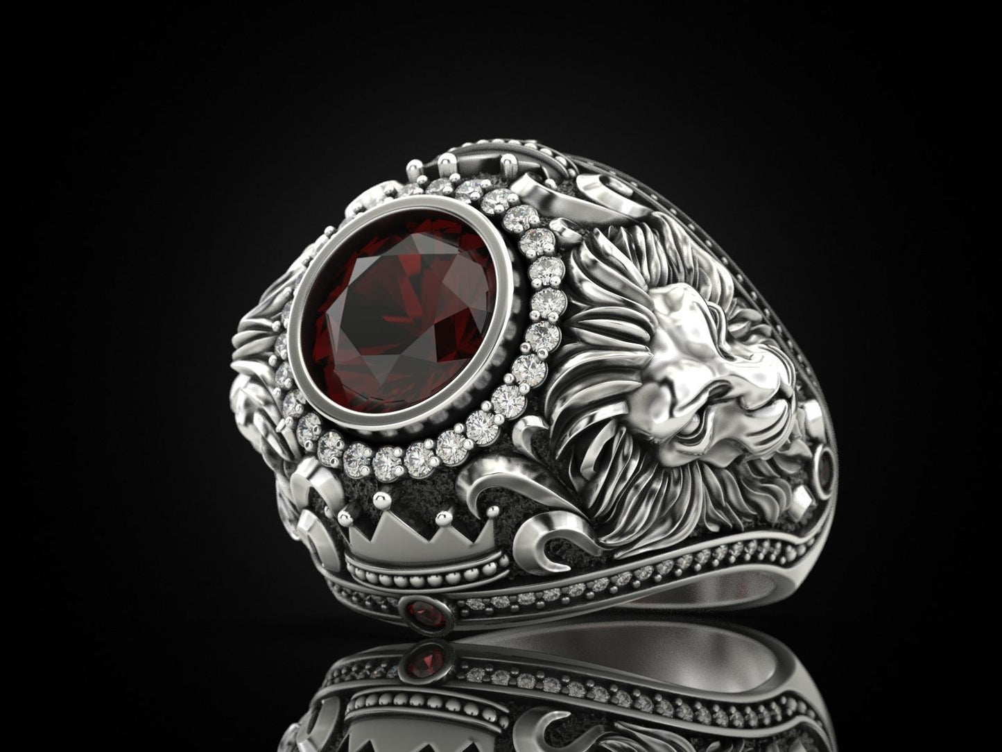 Zyan Gems | Unique Designed Double Faced Lion Ring with Red Zircon Stone |  Sterling Silver Oxidized Ring