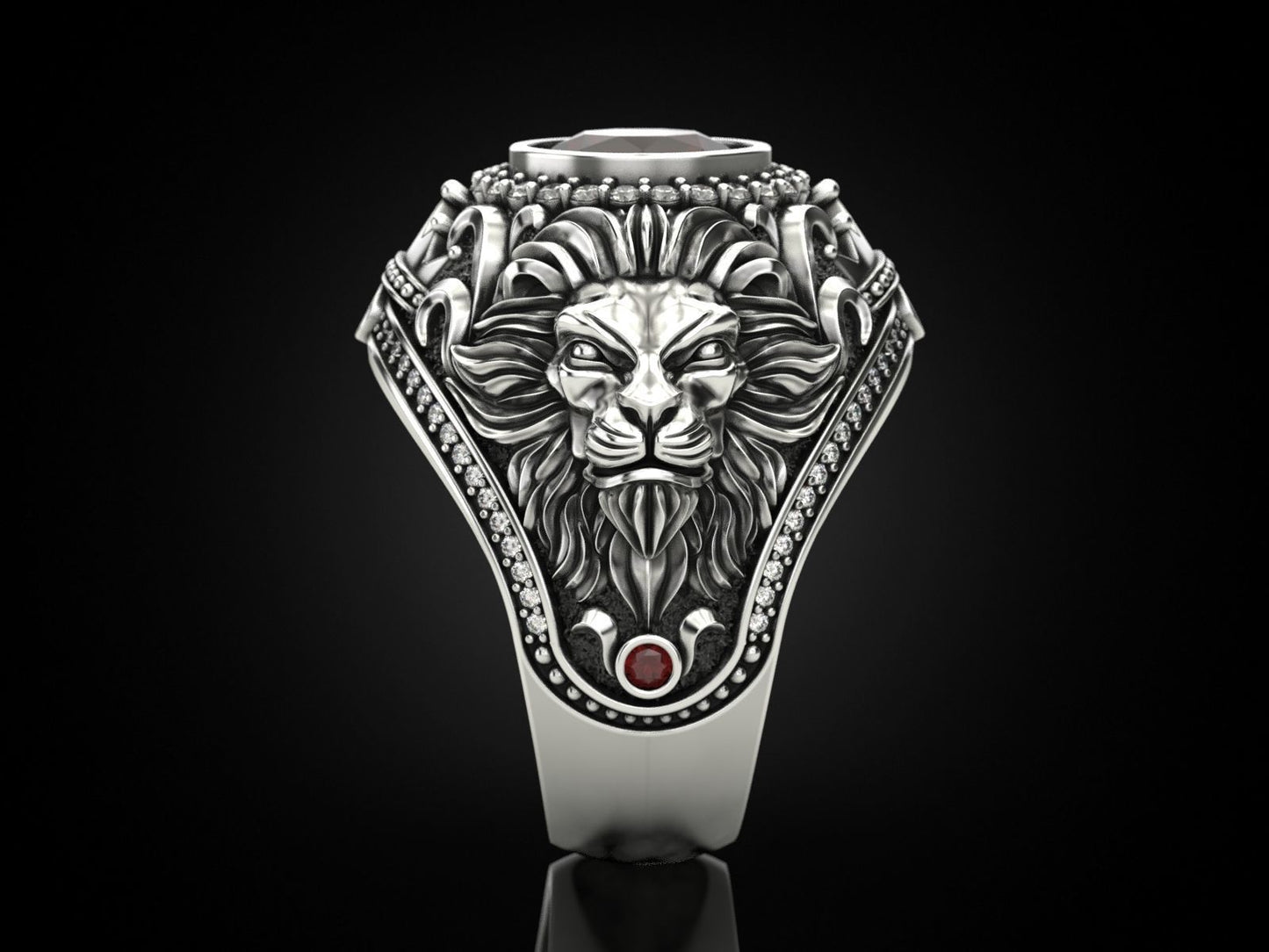 Zyan Gems | Unique Designed Double Faced Lion Ring with Red Zircon Stone |  Sterling Silver Oxidized Ring