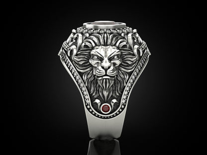 Zyan Gems | Unique Designed Double Faced Lion Ring with Red Zircon Stone |  Sterling Silver Oxidized Ring