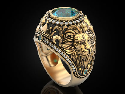 Zyan Gems | Unique Designed 22k Gold plated Double Faced Lion Ring with Green Zircon Stone |  Sterling Silver Oxidized Ring