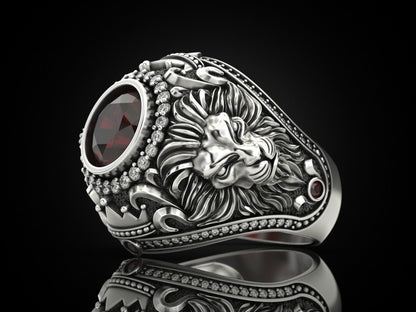 Zyan Gems | Unique Designed Double Faced Lion Ring with Red Zircon Stone |  Sterling Silver Oxidized Ring