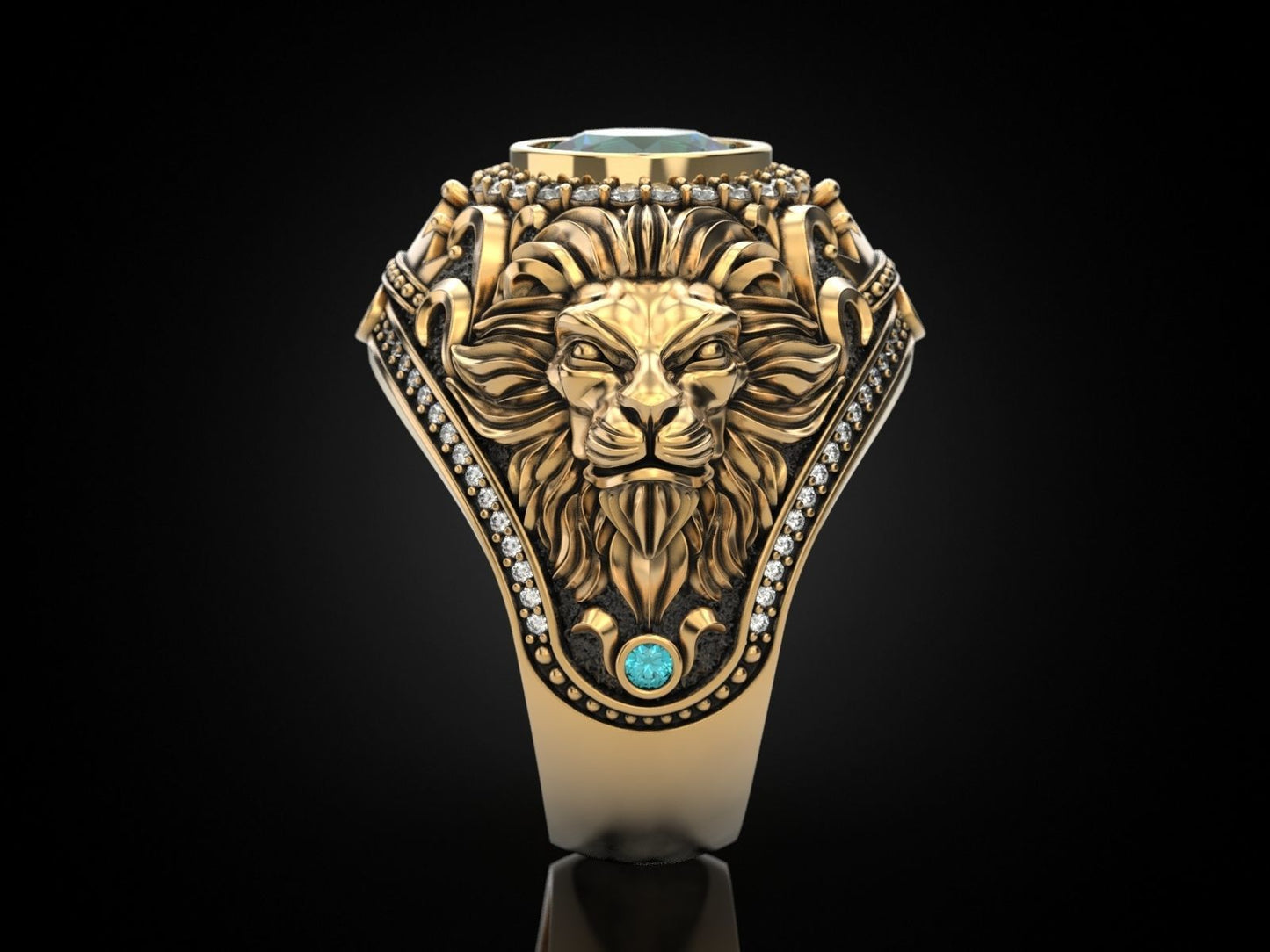 Zyan Gems | Unique Designed 22k Gold plated Double Faced Lion Ring with Green Zircon Stone |  Sterling Silver Oxidized Ring