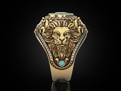Zyan Gems | Unique Designed 22k Gold plated Double Faced Lion Ring with Green Zircon Stone |  Sterling Silver Oxidized Ring