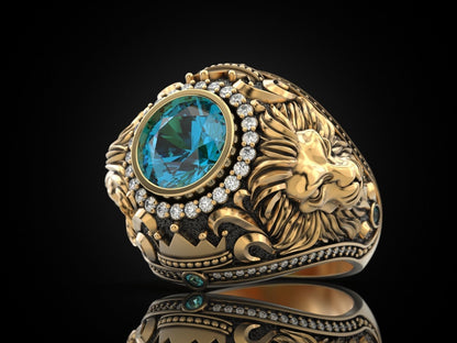 Zyan Gems | Unique Designed 22k Gold plated Double Faced Lion Ring with Green Zircon Stone |  Sterling Silver Oxidized Ring