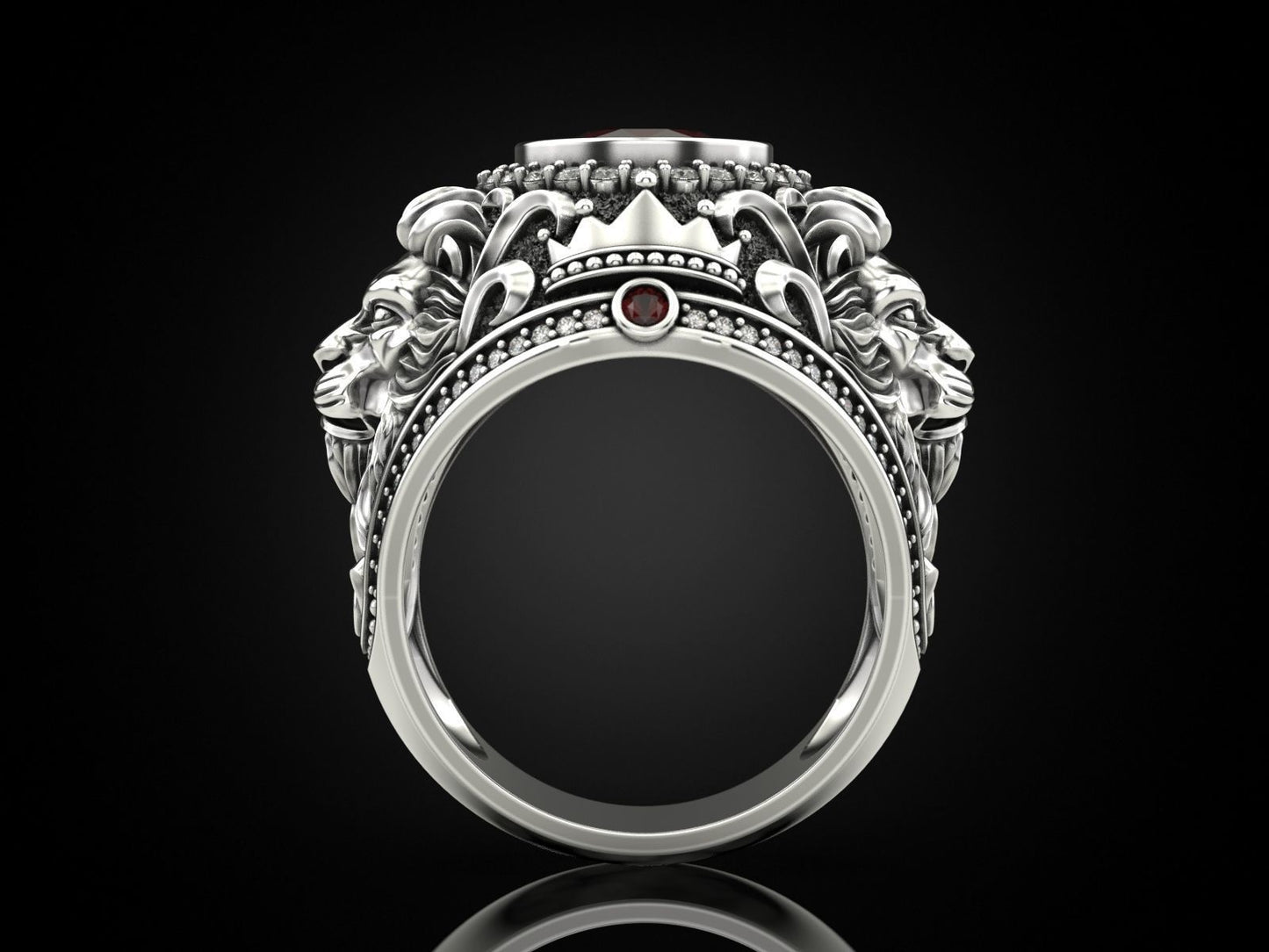 Zyan Gems | Unique Designed Double Faced Lion Ring with Red Zircon Stone |  Sterling Silver Oxidized Ring