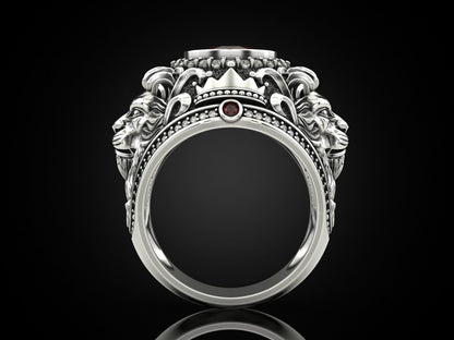 Zyan Gems | Unique Designed Double Faced Lion Ring with Red Zircon Stone |  Sterling Silver Oxidized Ring