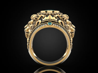 Zyan Gems | Unique Designed 22k Gold plated Double Faced Lion Ring with Green Zircon Stone |  Sterling Silver Oxidized Ring