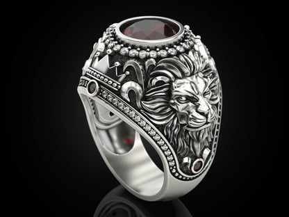 Zyan Gems | Unique Designed Double Faced Lion Ring with Red Zircon Stone |  Sterling Silver Oxidized Ring