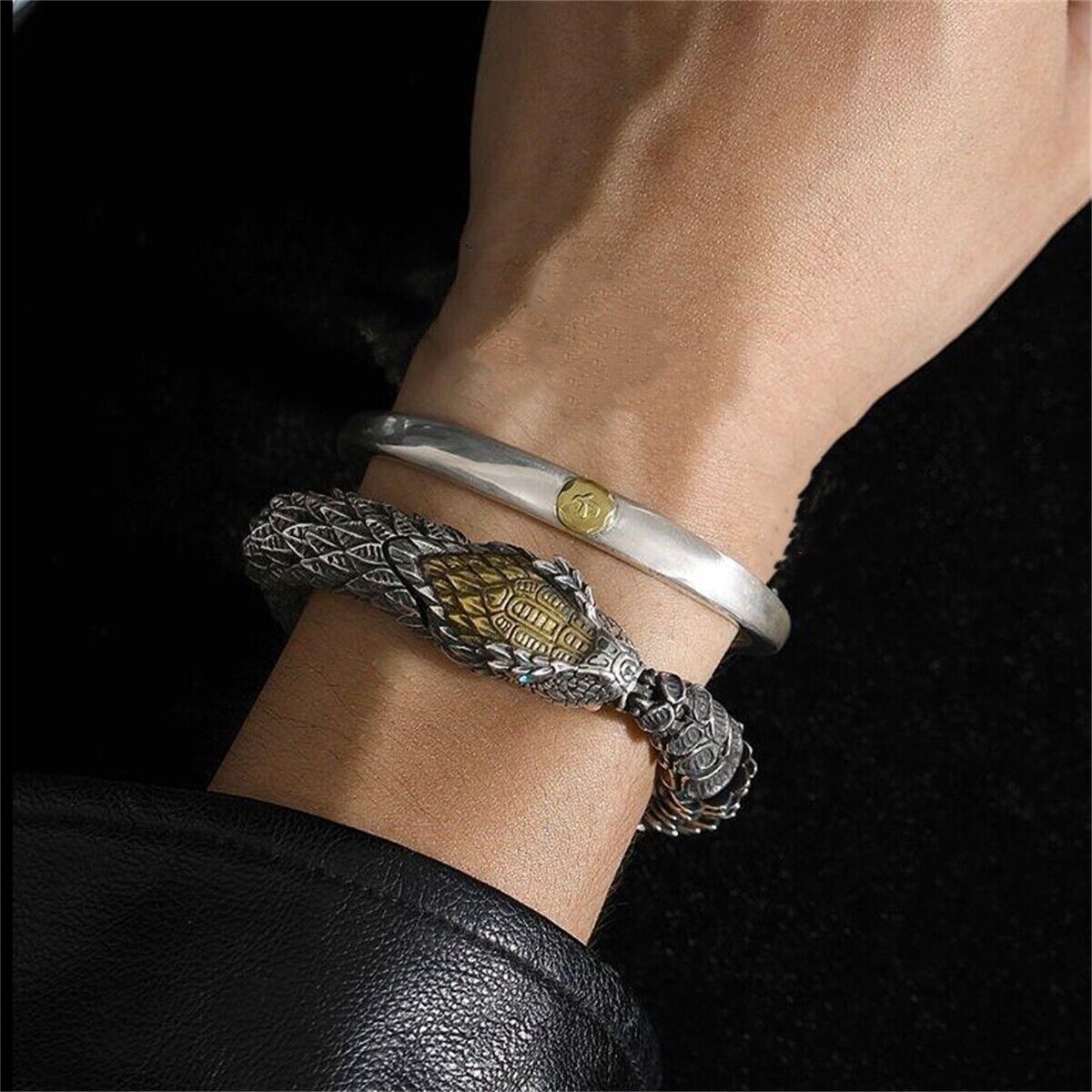 Unique Golden Head Oxidized Snake Bracelet with Blue Eyes | 925 Sterling Silver Oxidized Bracelet | Unisex Jewelry Authenticity and 925
