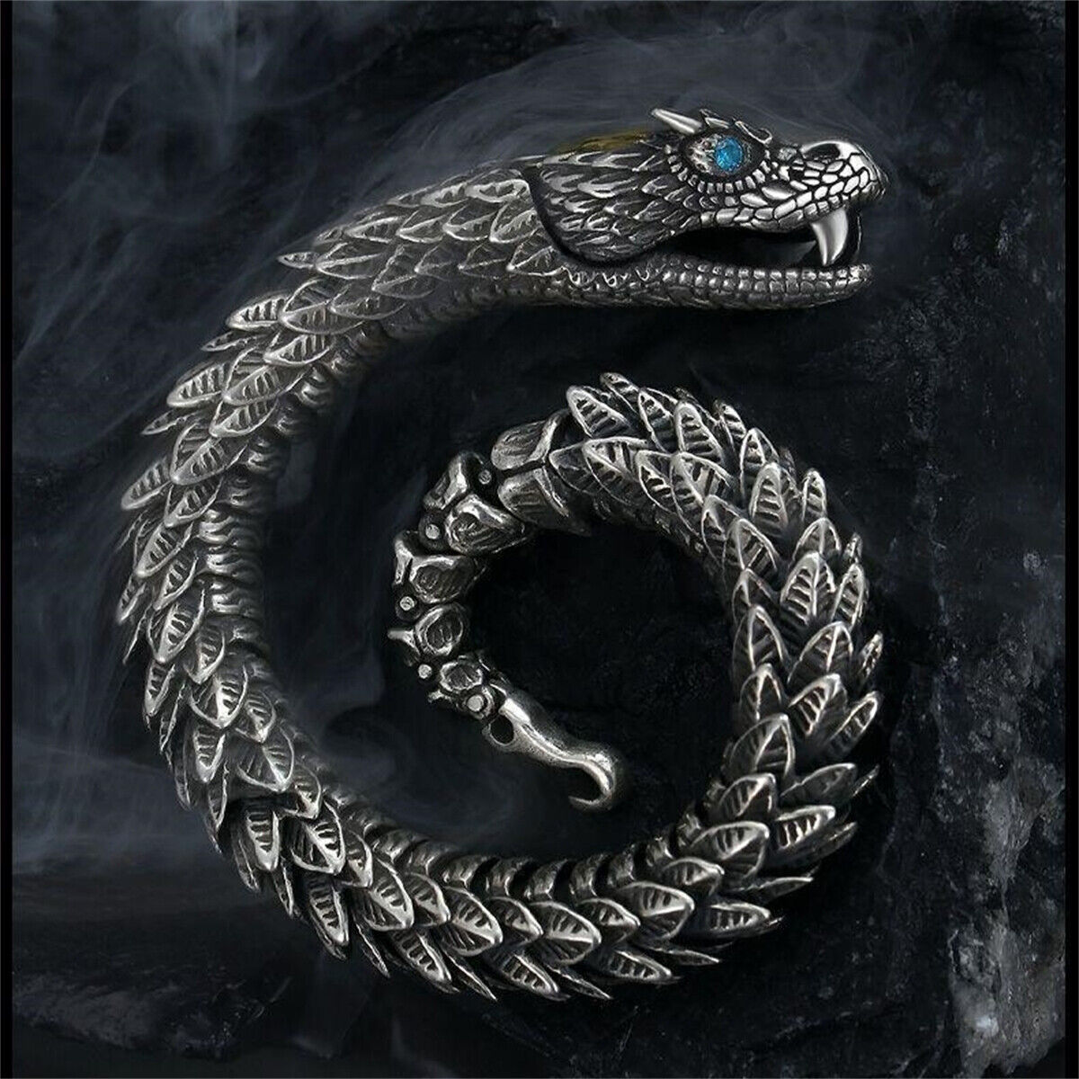 Unique Golden Head Oxidized Snake Bracelet with Blue Eyes | 925 Sterling Silver Oxidized Bracelet | Unisex Jewelry Authenticity and 925