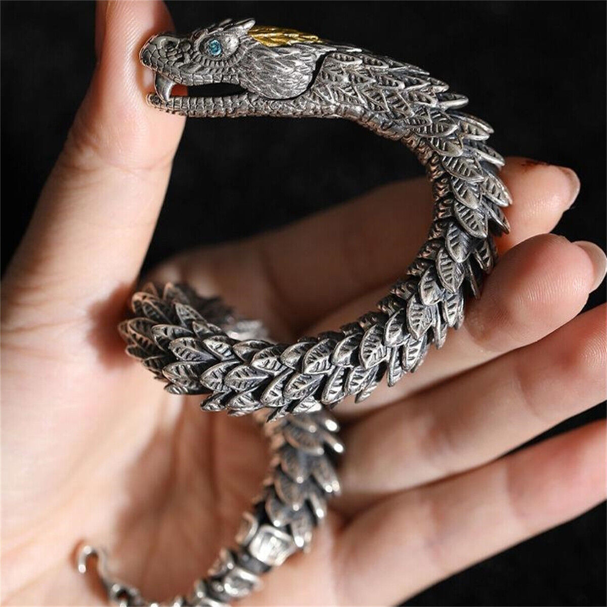Unique Golden Head Oxidized Snake Bracelet with Blue Eyes | 925 Sterling Silver Oxidized Bracelet | Unisex Jewelry Authenticity and 925