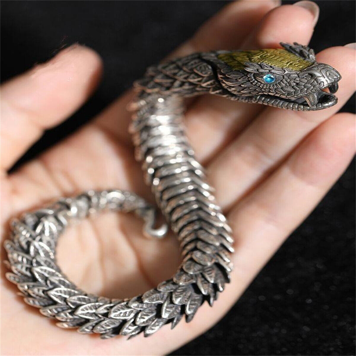 Unique Golden Head Oxidized Snake Bracelet with Blue Eyes | 925 Sterling Silver Oxidized Bracelet | Unisex Jewelry Authenticity and 925