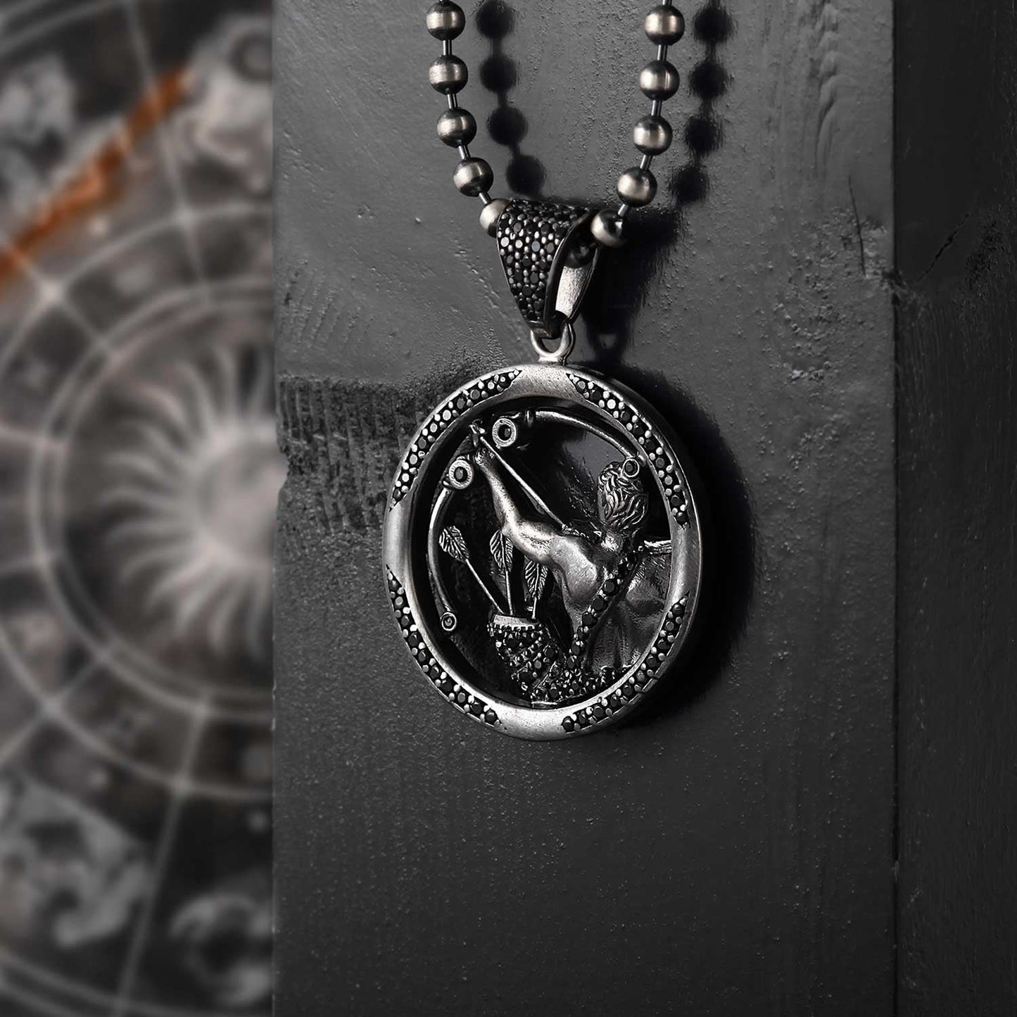 Zyan Gems | Unique Sagittarius Zodiac Designed Pendant Studded with Black Zircons | Unisex  Sterling Silver Oxidized Pendant