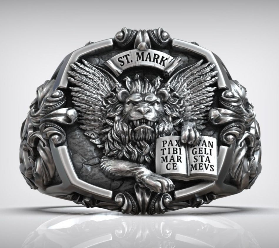 Zyan Gems | Unique Designed St. Mark Lion with Cross Ring |  Sterling Silver Oxidized Ring