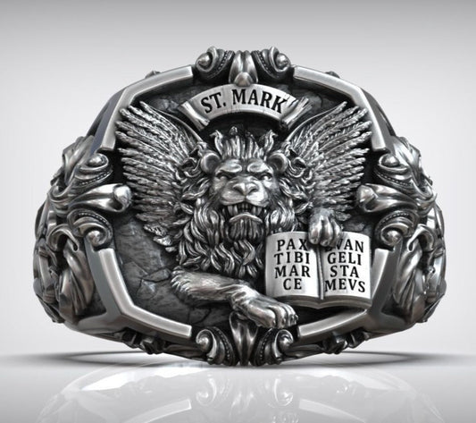 Zyan Gems | Unique Designed St. Mark Lion with Cross Ring |  Sterling Silver Oxidized Ring