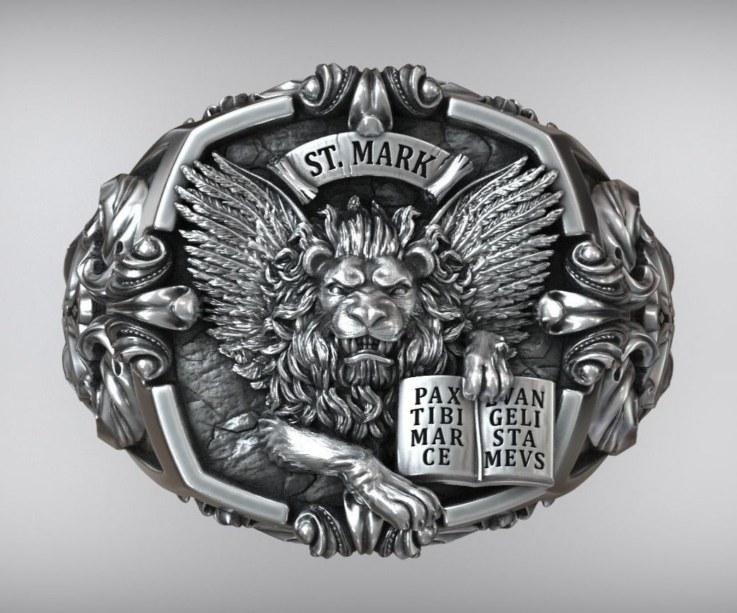 Zyan Gems | Unique Designed St. Mark Lion with Cross Ring |  Sterling Silver Oxidized Ring