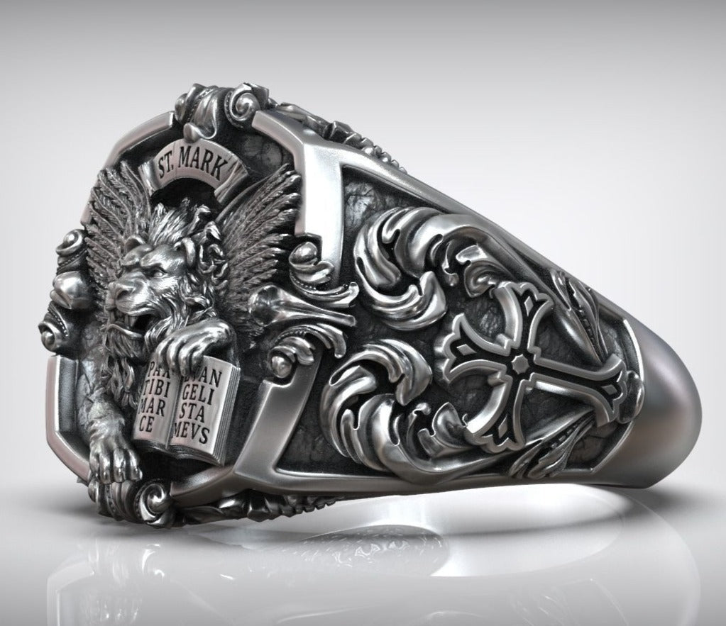 Zyan Gems | Unique Designed St. Mark Lion with Cross Ring |  Sterling Silver Oxidized Ring