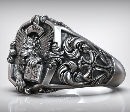 Zyan Gems | Unique Designed St. Mark Lion with Cross Ring |  Sterling Silver Oxidized Ring