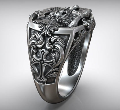 Zyan Gems | Unique Designed St. Mark Lion with Cross Ring |  Sterling Silver Oxidized Ring