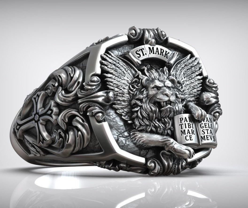 Zyan Gems | Unique Designed St. Mark Lion with Cross Ring |  Sterling Silver Oxidized Ring