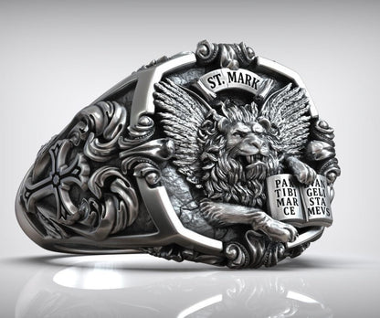Zyan Gems | Unique Designed St. Mark Lion with Cross Ring |  Sterling Silver Oxidized Ring