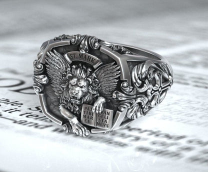 Zyan Gems | Unique Designed St. Mark Lion with Cross Ring |  Sterling Silver Oxidized Ring
