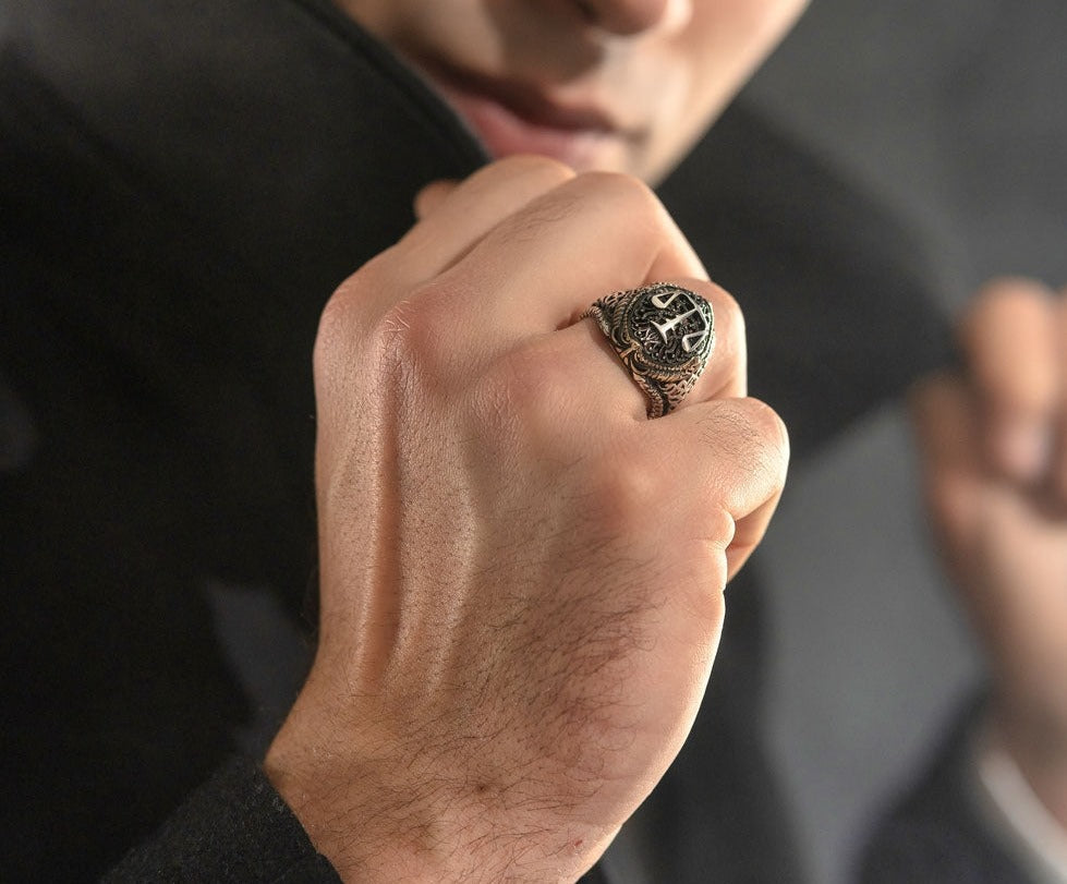 Zyan Gems | Unique Handmade Turkish Style Libra Zodiac Signet Ring for Librans |  Sterling Silver Oxidized Ring