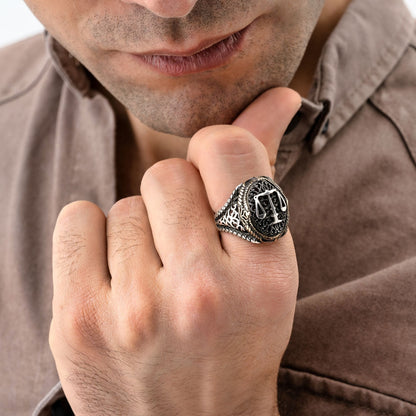 Zyan Gems | Unique Handmade Turkish Style Libra Zodiac Signet Ring for Librans |  Sterling Silver Oxidized Ring