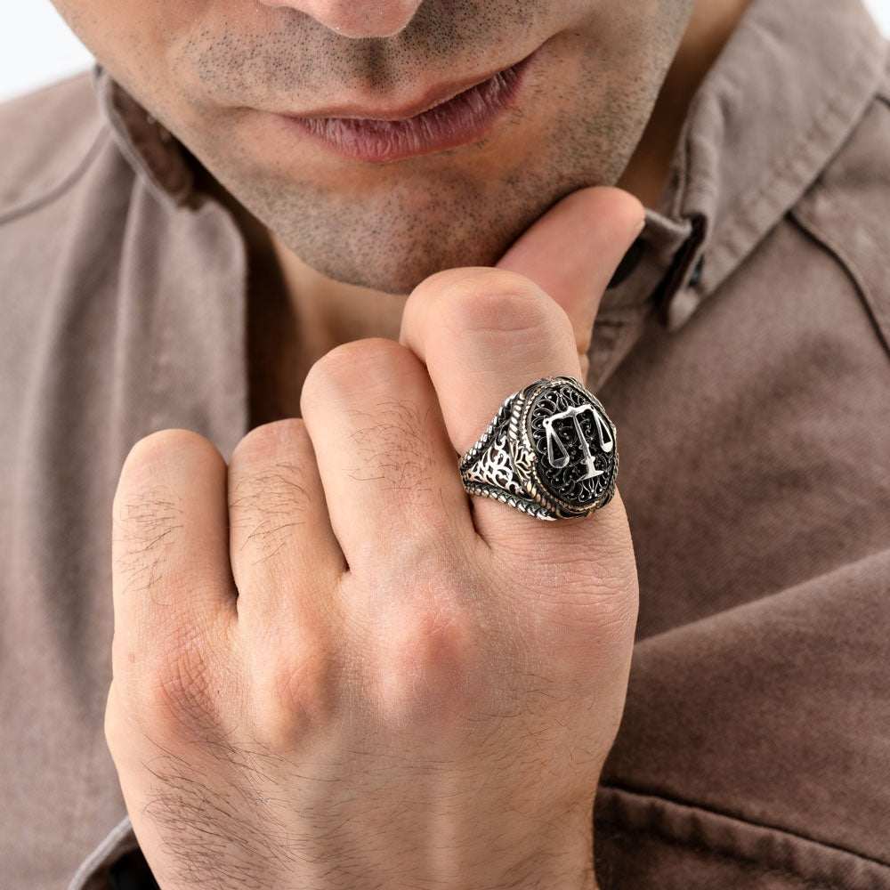 Zyan Gems | Unique Handmade Turkish Style Libra Zodiac Signet Ring for Librans |  Sterling Silver Oxidized Ring