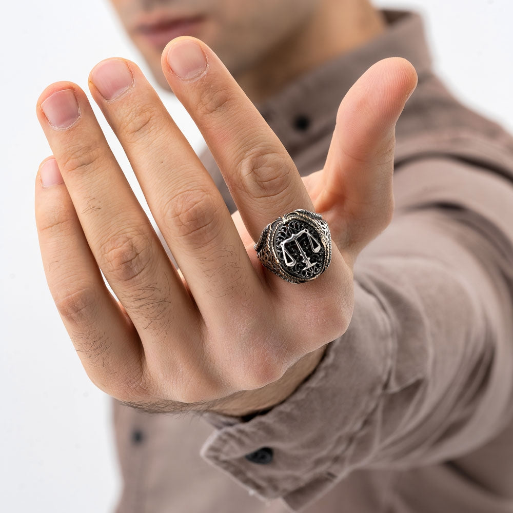 Zyan Gems | Unique Handmade Turkish Style Libra Zodiac Signet Ring for Librans |  Sterling Silver Oxidized Ring