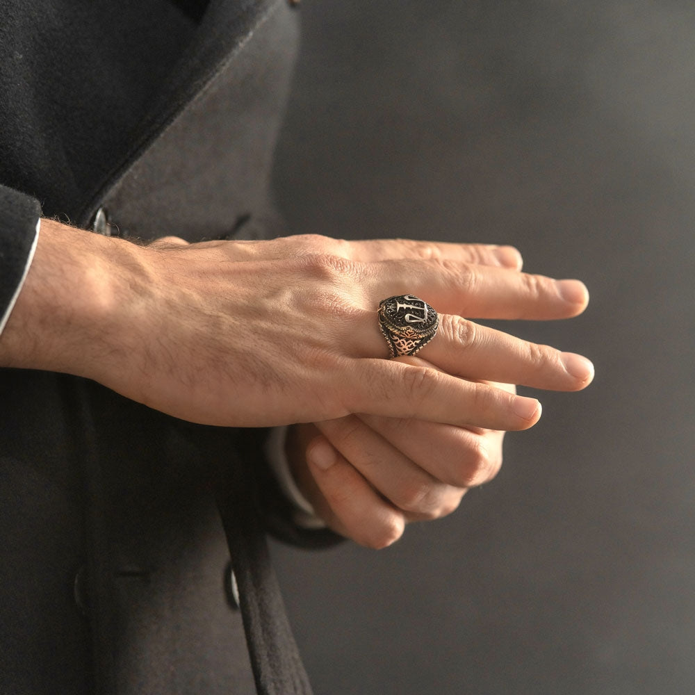 Zyan Gems | Unique Handmade Turkish Style Libra Zodiac Signet Ring for Librans |  Sterling Silver Oxidized Ring