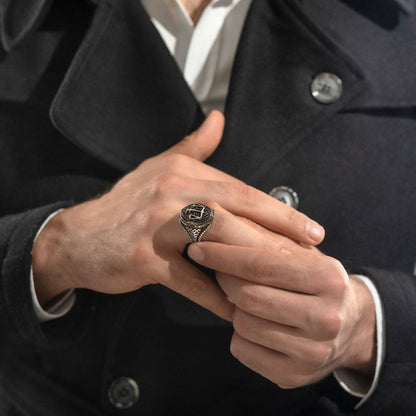 Zyan Gems | Unique Handmade Turkish Style Libra Zodiac Signet Ring for Librans |  Sterling Silver Oxidized Ring