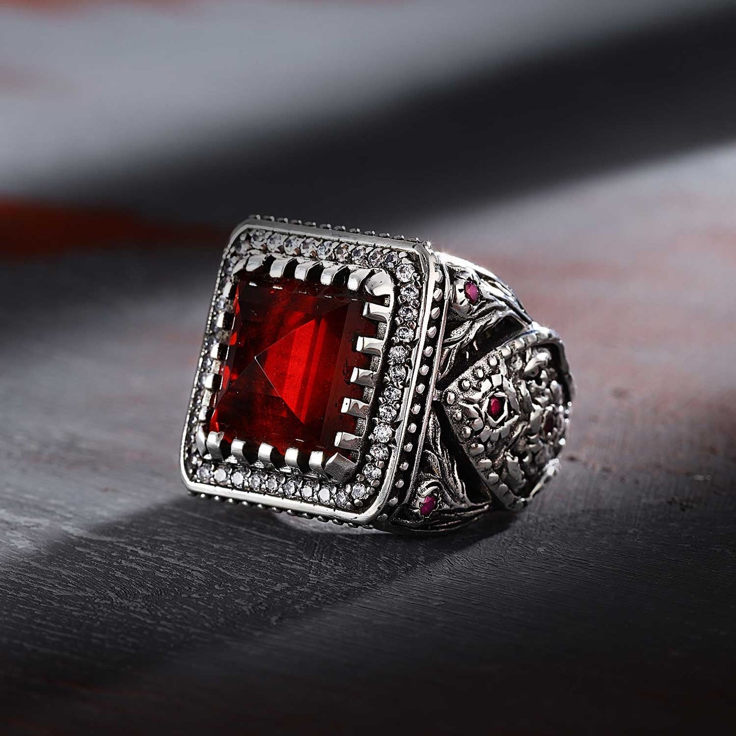Zyan Gems | Unique Handmade Turkish Style Ring Studded with AAA+ Red Zirconia | 925 Sterling Silver Oxidized Ring Jewelry Authenticity and 925