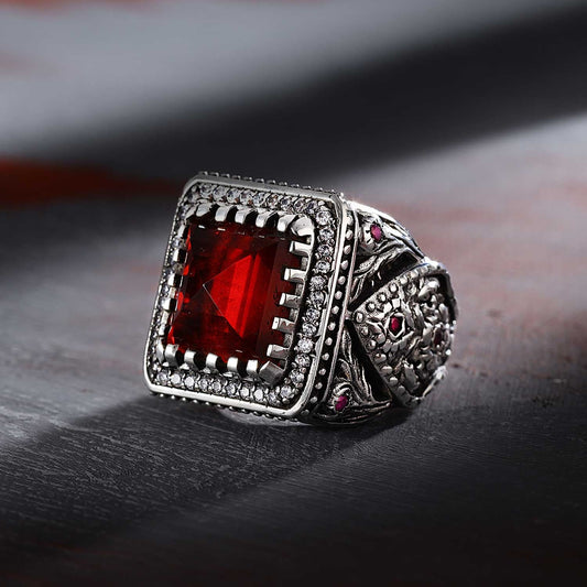 Zyan Gems | Unique Handmade Turkish Style Ring Studded with AAA+ Red Zirconia | 925 Sterling Silver Oxidized Ring Jewelry Authenticity and 925
