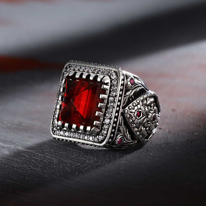 Zyan Gems | Unique Handmade Turkish Style Ring Studded with AAA+ Red Zirconia |  Sterling Silver Oxidized Ring