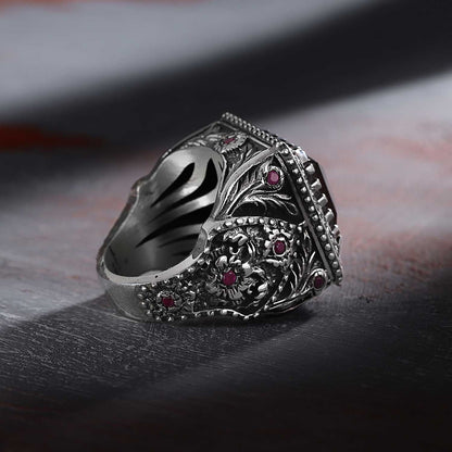 Zyan Gems | Unique Handmade Turkish Style Ring Studded with AAA+ Red Zirconia | 925 Sterling Silver Oxidized Ring Jewelry Authenticity and 925