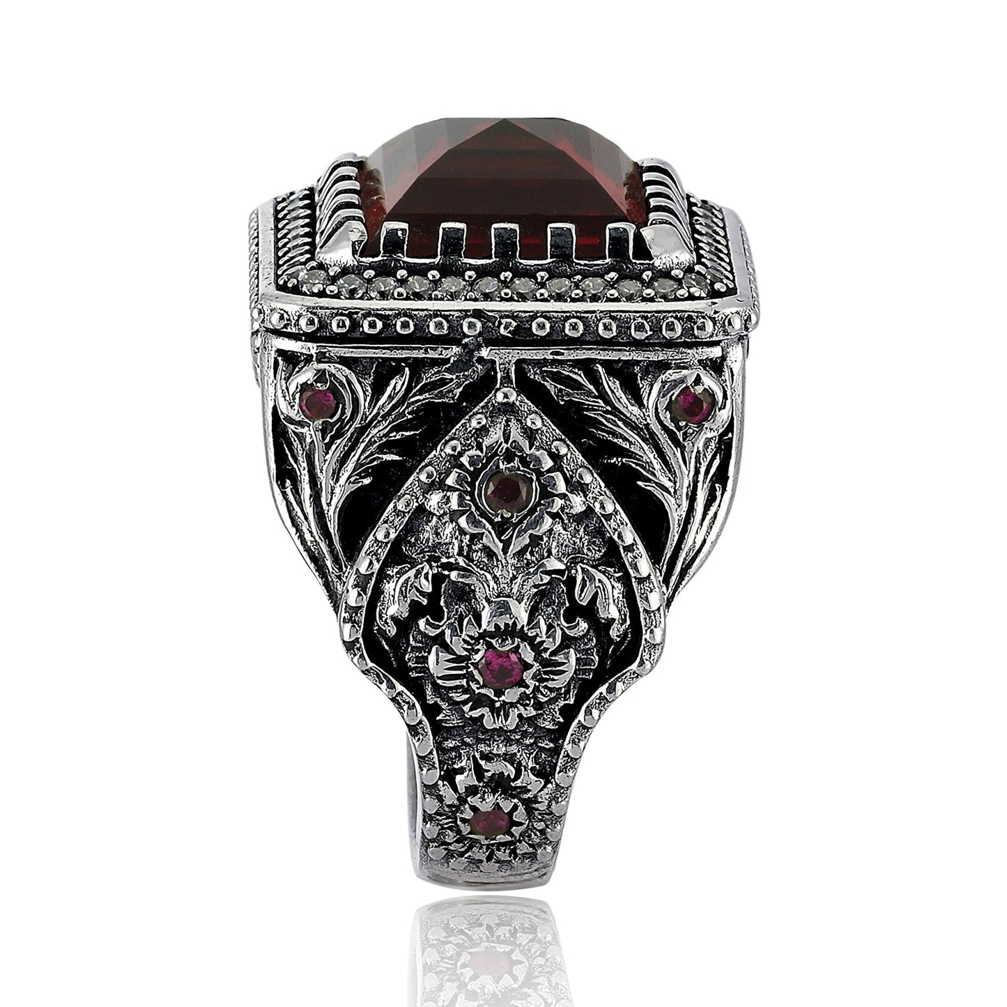 Zyan Gems | Unique Handmade Turkish Style Ring Studded with AAA+ Red Zirconia | 925 Sterling Silver Oxidized Ring Jewelry Authenticity and 925