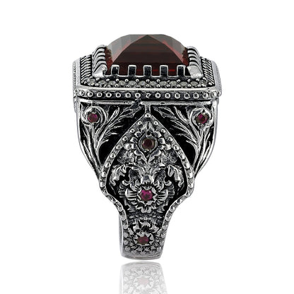 Zyan Gems | Unique Handmade Turkish Style Ring Studded with AAA+ Red Zirconia | 925 Sterling Silver Oxidized Ring Jewelry Authenticity and 925