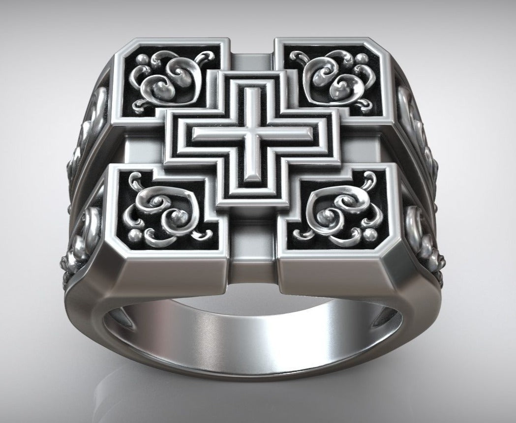 Zyan Gems | Unique Designed Signet Cross Ring in Square Pattern |  Sterling Silver Oxidized Ring