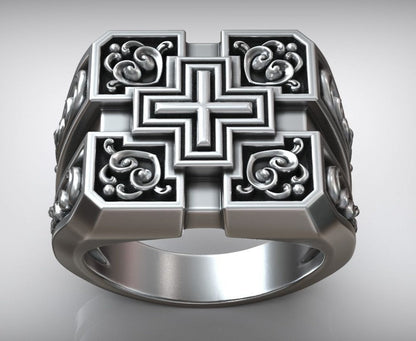 Zyan Gems | Unique Designed Signet Cross Ring in Square Pattern |  Sterling Silver Oxidized Ring