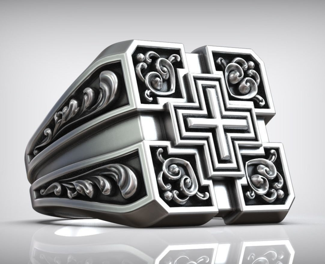 Zyan Gems | Unique Designed Signet Cross Ring in Square Pattern |  Sterling Silver Oxidized Ring