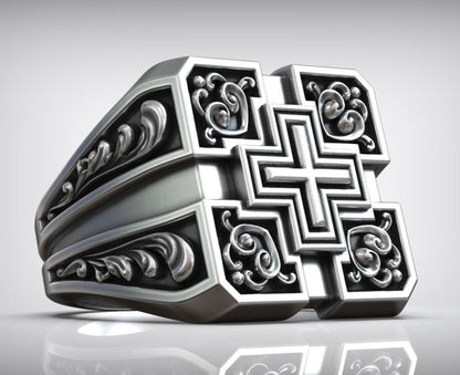 Zyan Gems | Unique Designed Signet Cross Ring in Square Pattern |  Sterling Silver Oxidized Ring