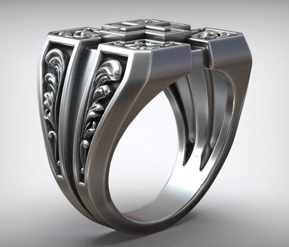 Zyan Gems | Unique Designed Signet Cross Ring in Square Pattern |  Sterling Silver Oxidized Ring