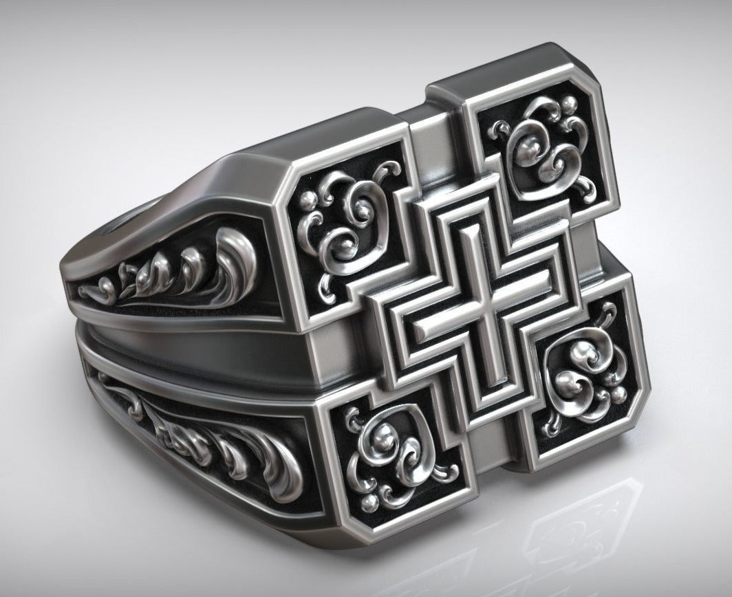Zyan Gems | Unique Designed Signet Cross Ring in Square Pattern |  Sterling Silver Oxidized Ring