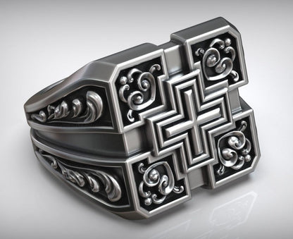 Zyan Gems | Unique Designed Signet Cross Ring in Square Pattern |  Sterling Silver Oxidized Ring