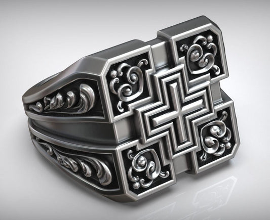 Zyan Gems | Unique Designed Signet Cross Ring in Square Pattern |  Sterling Silver Oxidized Ring