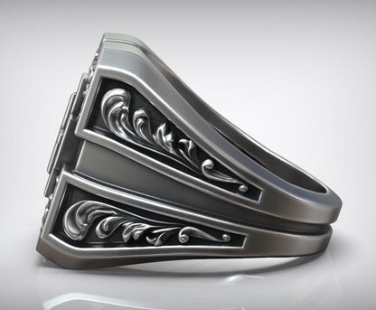 Zyan Gems | Unique Designed Signet Cross Ring in Square Pattern |  Sterling Silver Oxidized Ring