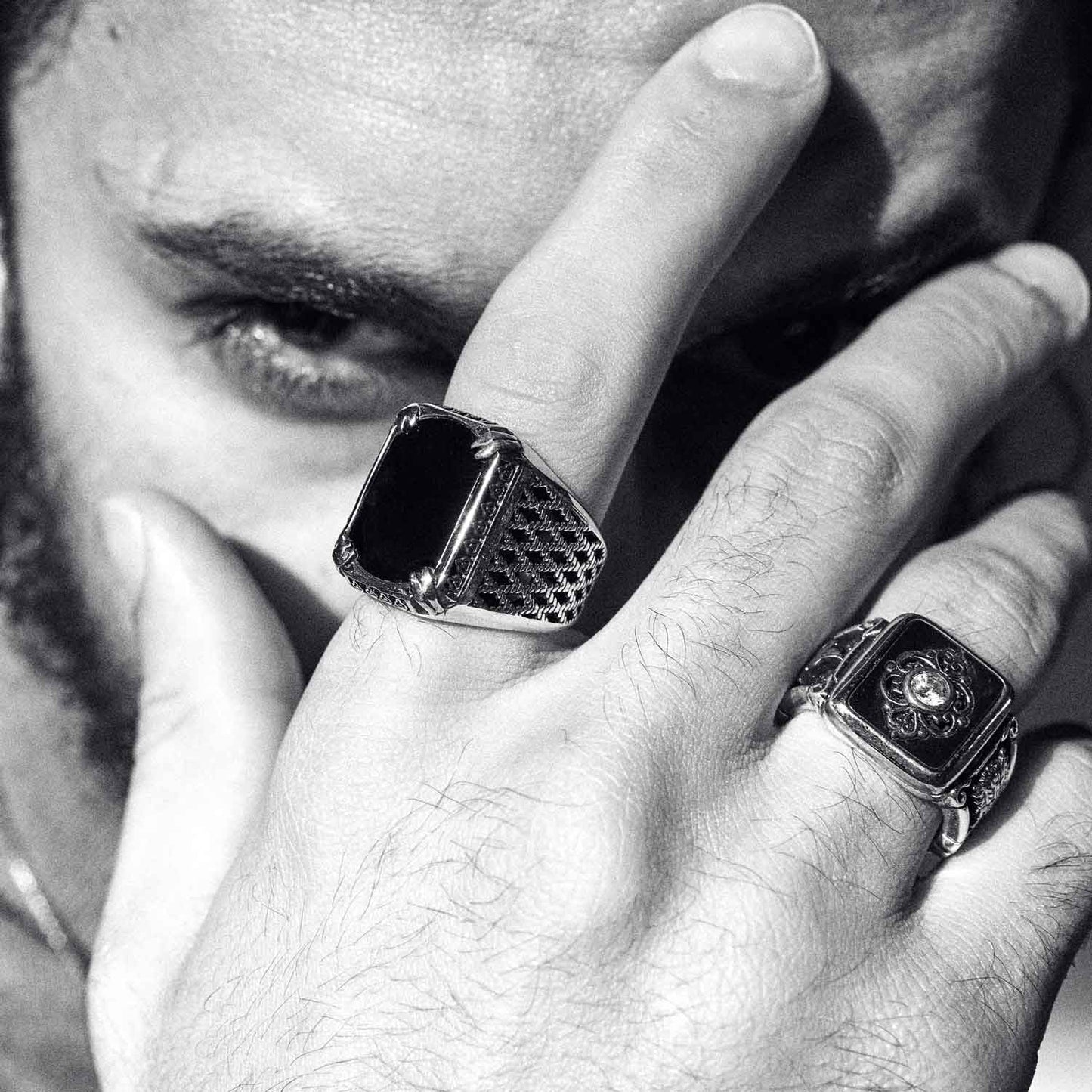 Zyan Gems | Unique Turkish Style Ring with Natural Black Onyx |  Sterling Silver Oxidized Ring