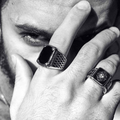 Zyan Gems | Unique Turkish Style Ring with Natural Black Onyx |  Sterling Silver Oxidized Ring