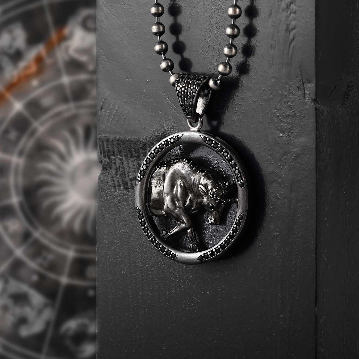 Zyan Gems | Unique Taurus Zodiac Designed Pendant Studded with Black Zircons | Unisex  Sterling Silver Oxidized Pendant